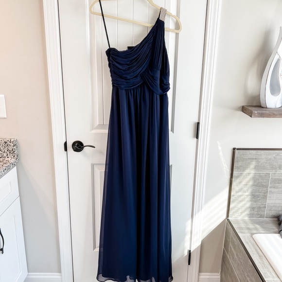 Calvin Klein Navy Blue One Pearlescent Strap Gathered Front Gown Size 6 - Picture 2 of 10